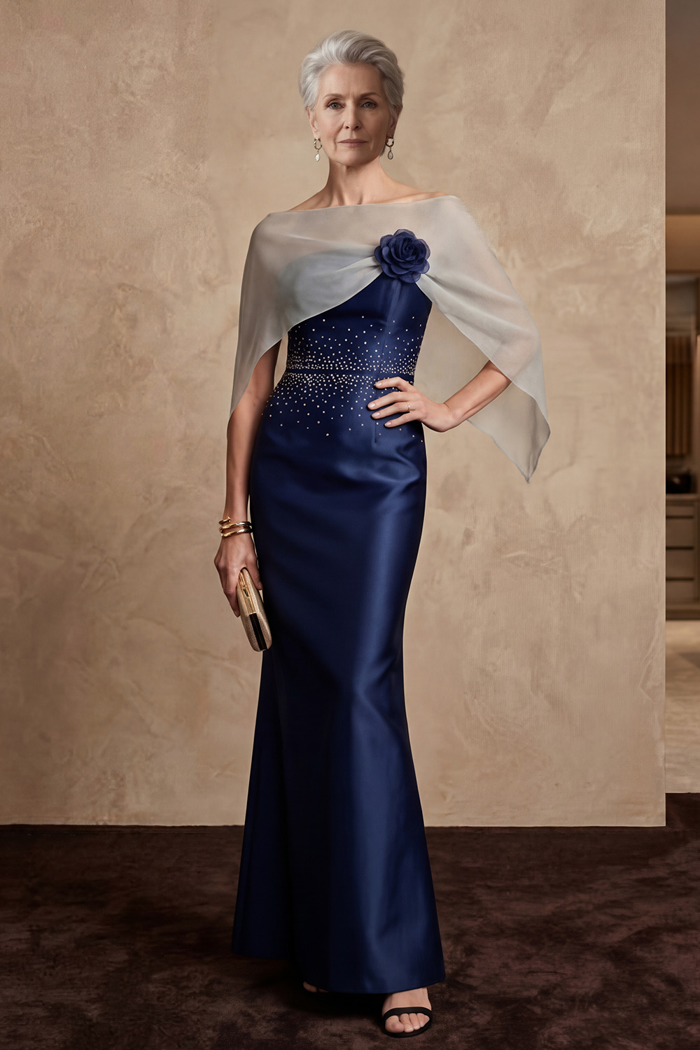 Bateau Neck Mermaid Navy Beaded Floor-Length Mother of the Bride or Groom Dress with 3D Flower