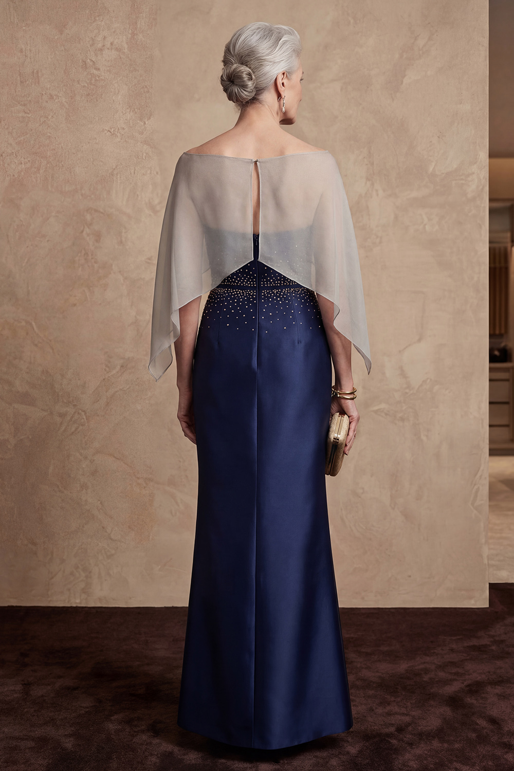 Bateau Neck Mermaid Navy Beaded Floor-Length Mother of the Bride or Groom Dress with 3D Flower