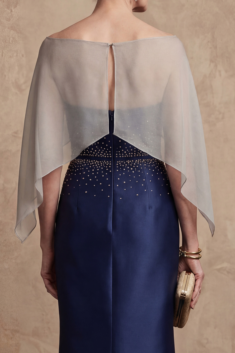 Bateau Neck Mermaid Navy Beaded Floor-Length Mother of the Bride or Groom Dress with 3D Flower