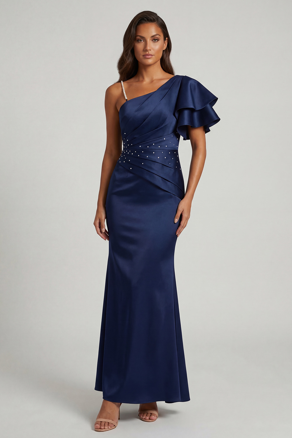 Navy Ruched Mermaid Long Beaded Mother of the Bride Dress with Ruffles