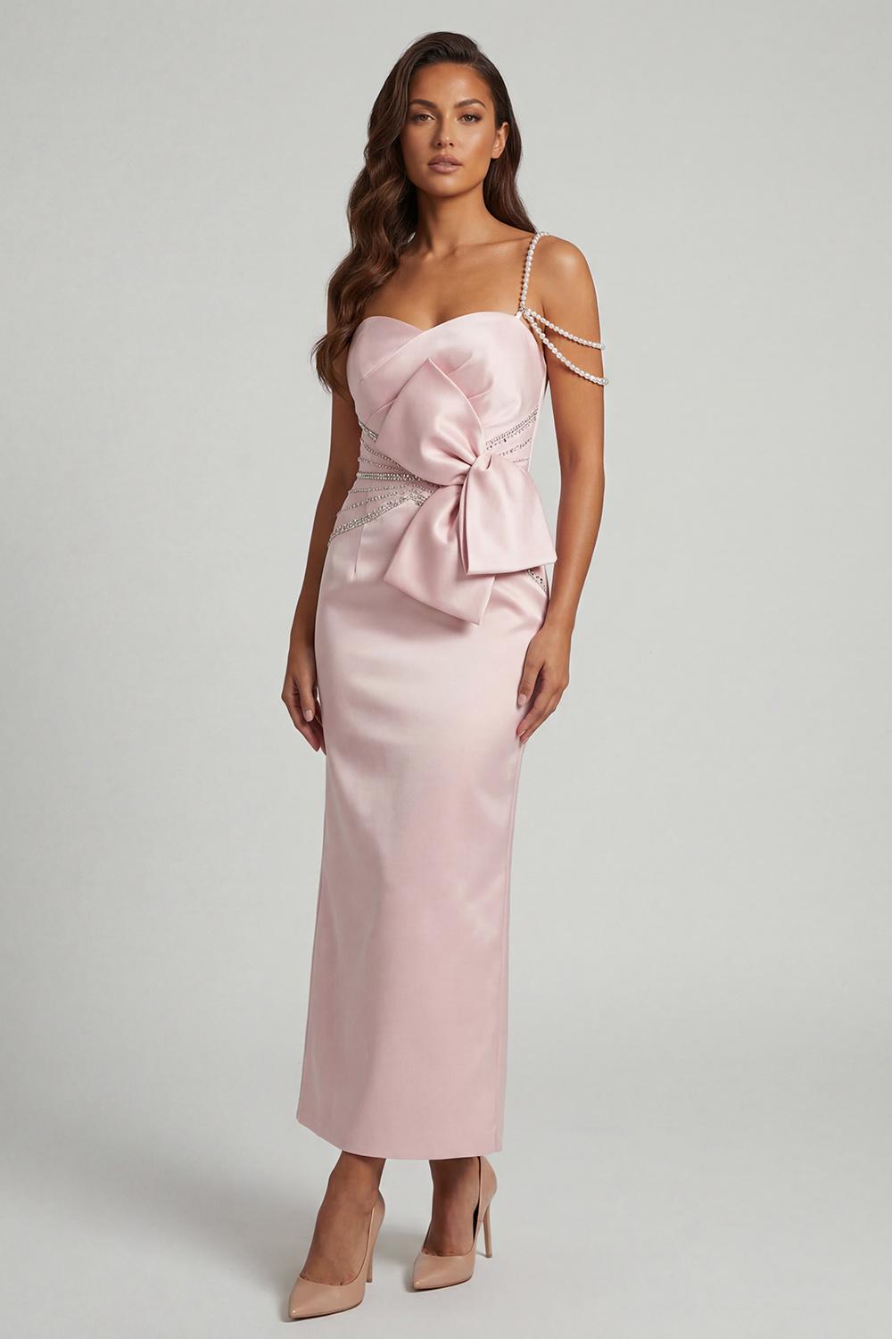 Blush Beaded Long Sheath Mother of the Bride Dress with Bow