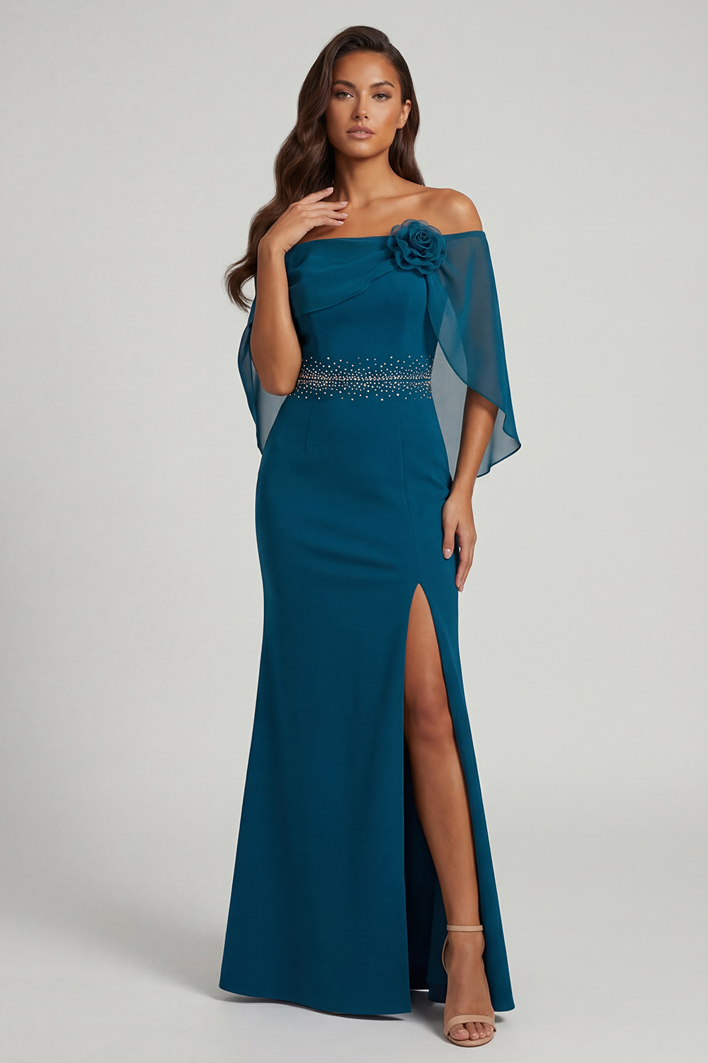 Peacock Blue Mermaid Beaded Long Mother of the Bride Dress with 3D Flower