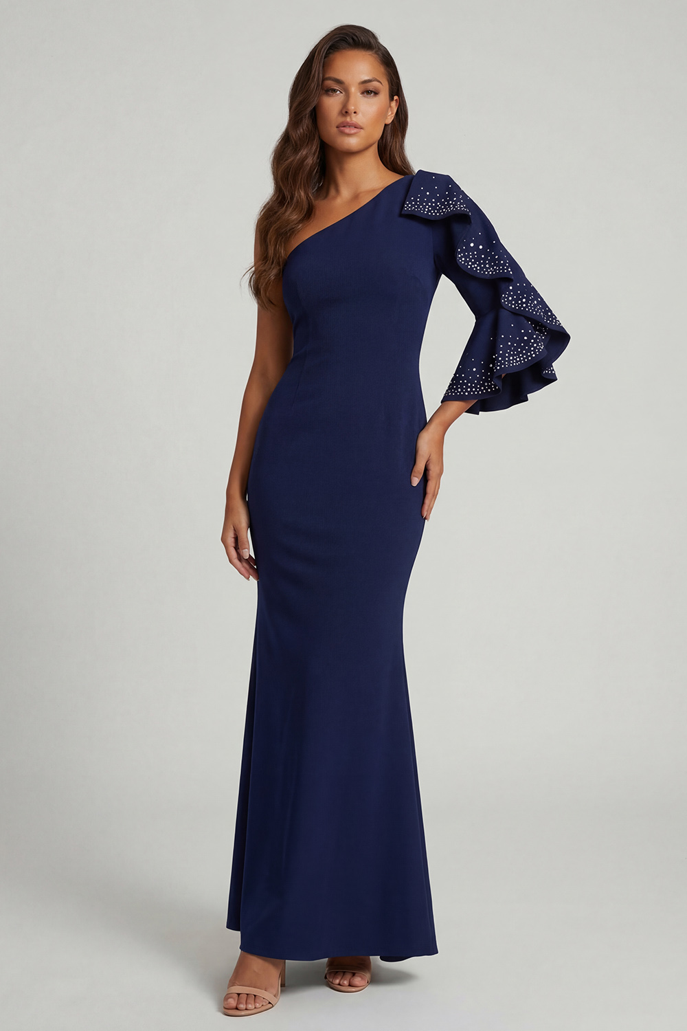Navy Mermaid Beaded Long Mother of the Bride Dress with Ruffles