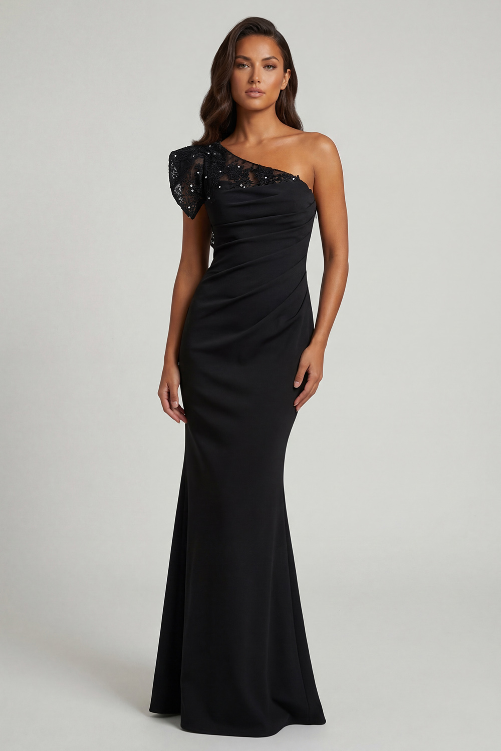 Ruched Black Mermaid One Shoulder Long Mother of the Bride Dress with Lace