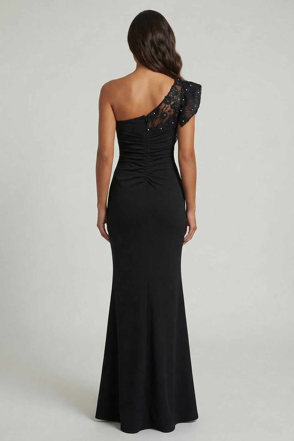 Ruched Black Mermaid One Shoulder Long Mother of the Bride Dress with Lace