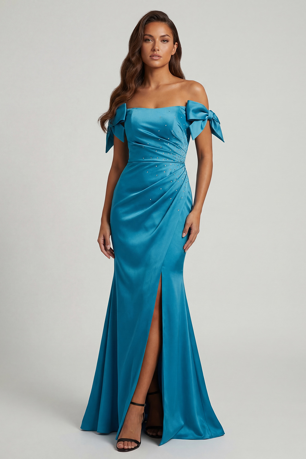 Peacock Green Ruched Long Mermaid Mother of the Bride Dress with Bow