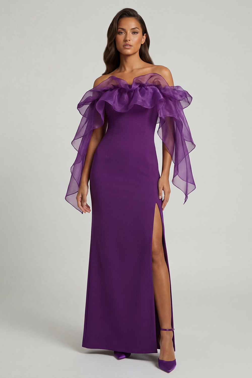 Purple Sheath Long Mother of the Bride Dress with Ruffles