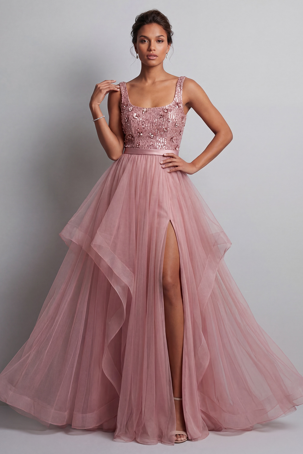 Sparkly Pink Sequin A Line Long Mother of the Bride Dress with Ruffles