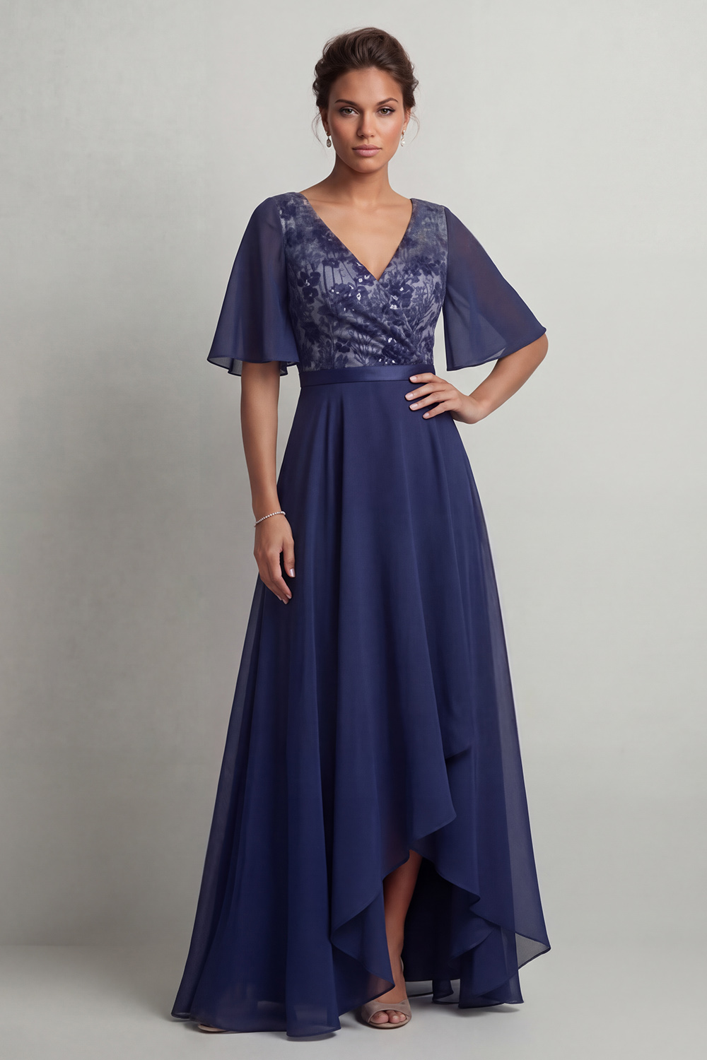 Navy Floral V-Neck A Line Asymmetrical Mother of the Bride Dress