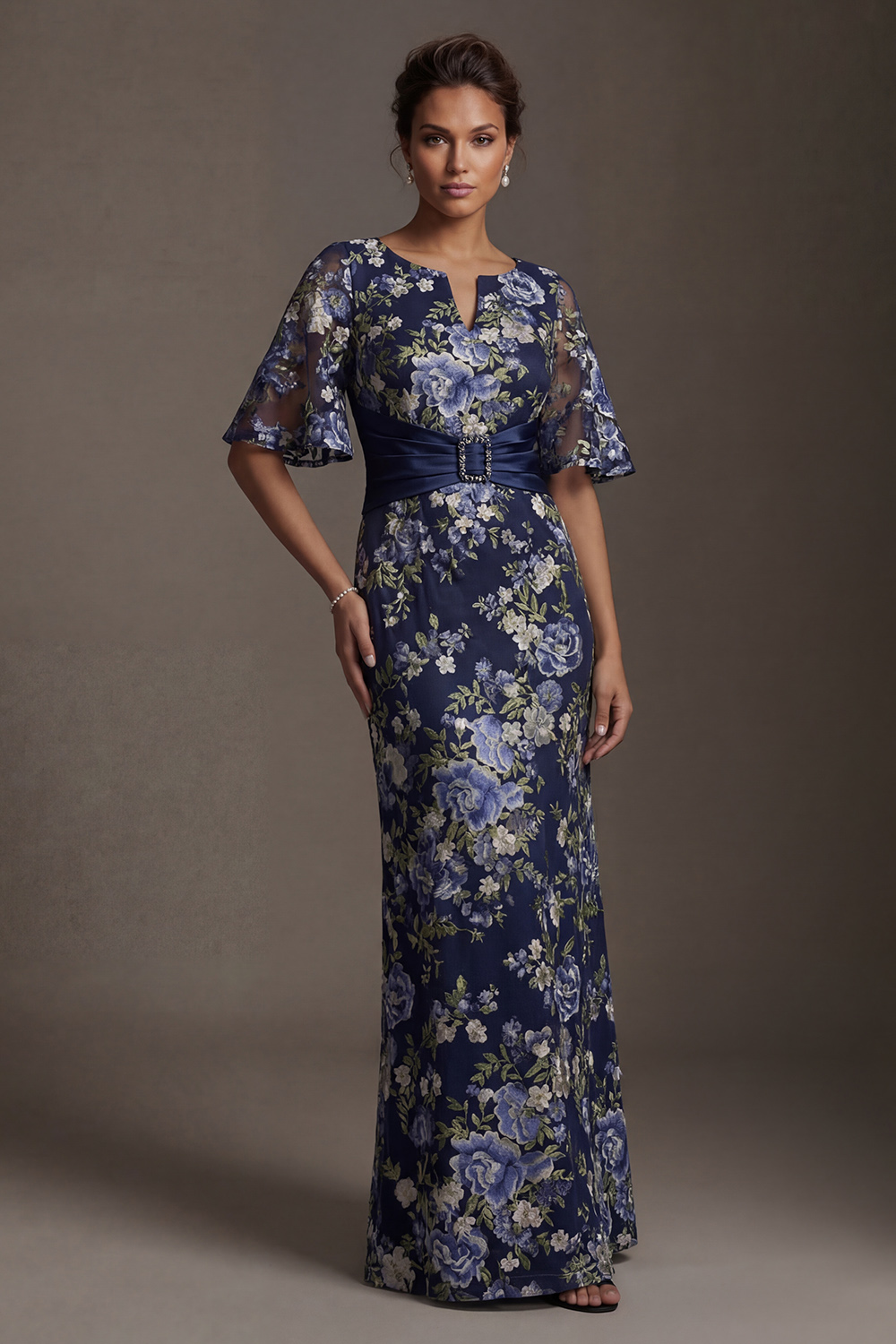 Navy Half Sleeves Sheath Long Floral Mother of the Bride Dress