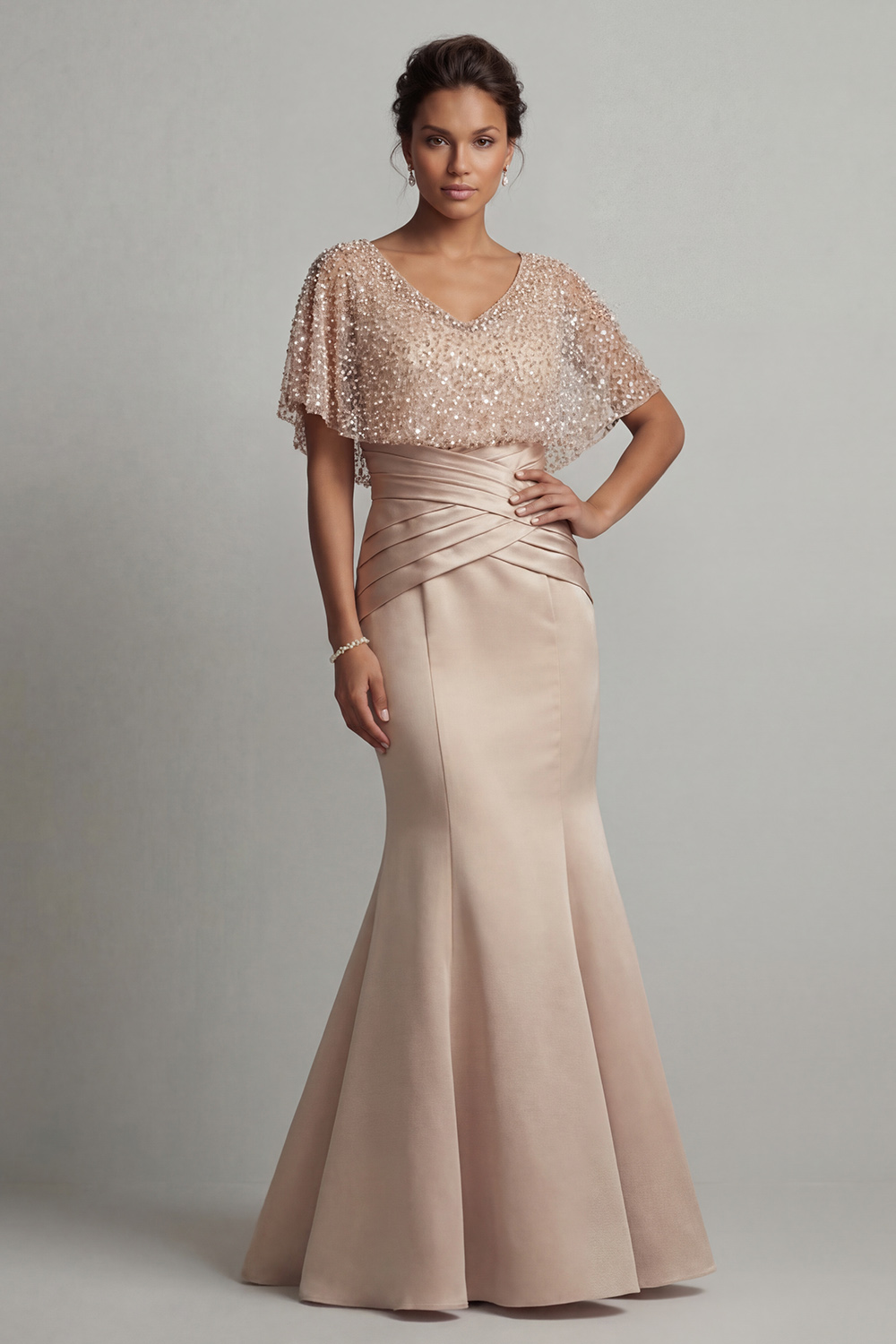 Sparkly Champagne Ruched Sequin Long Mermaid Mother of the Bride Dress