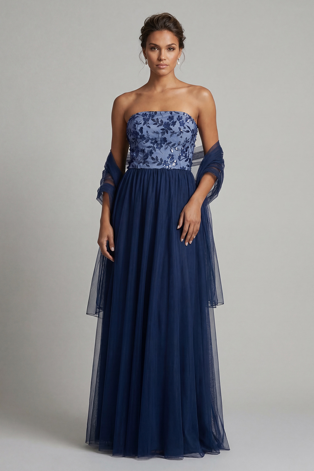 Navy A Line Long Floral Mother of the Bride Dress with Shawl