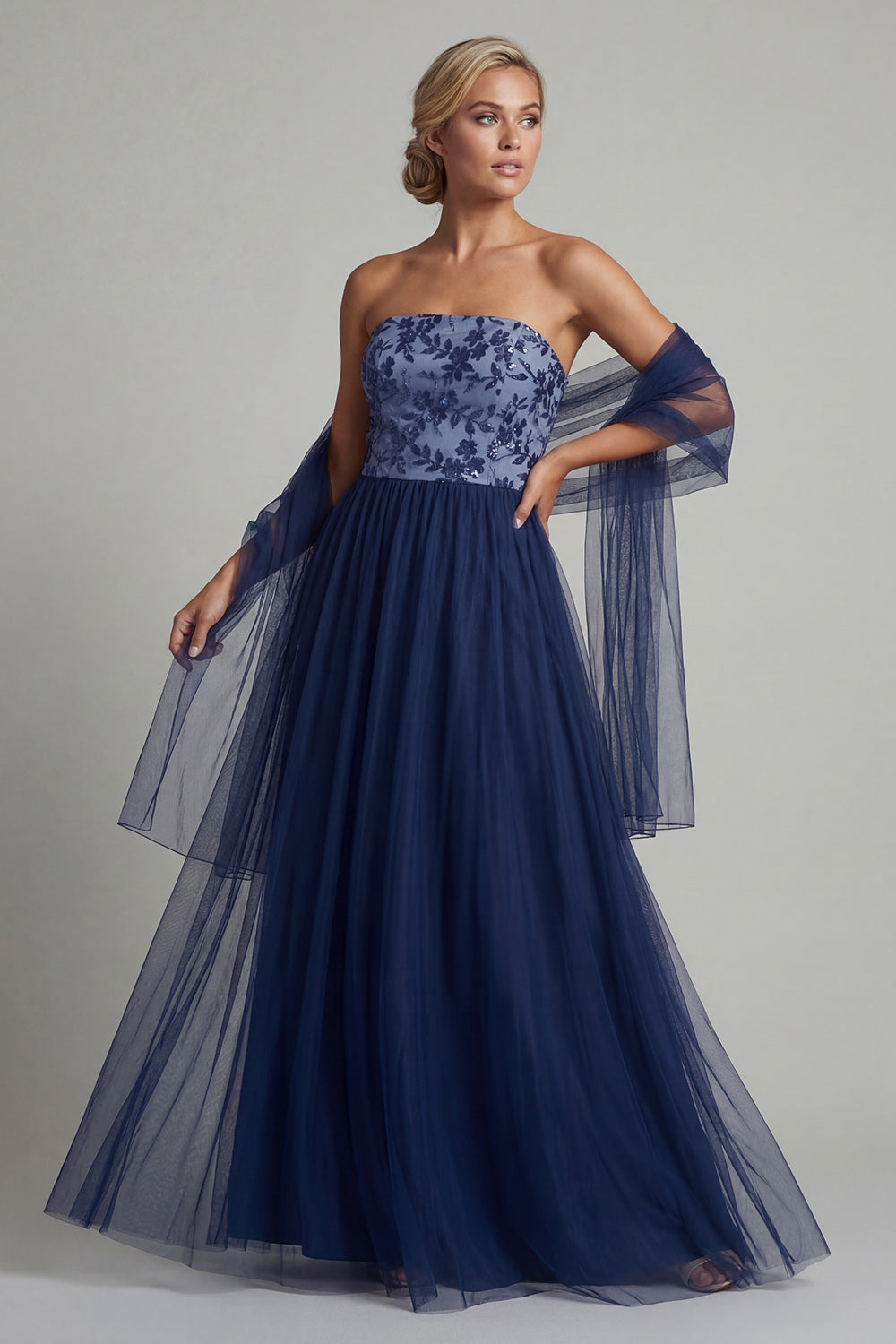 Navy A Line Long Floral Mother of the Bride Dress with Shawl