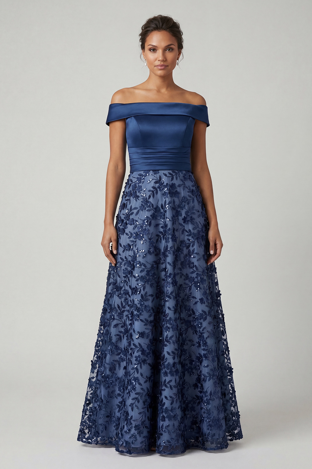 Navy A Line Beaded Floral Long Mother of the Bride Dress