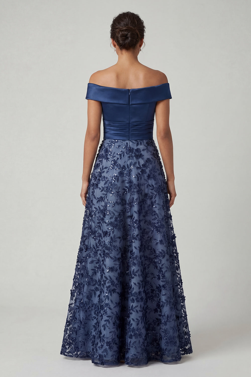 Navy A Line Beaded Floral Long Mother of the Bride Dress
