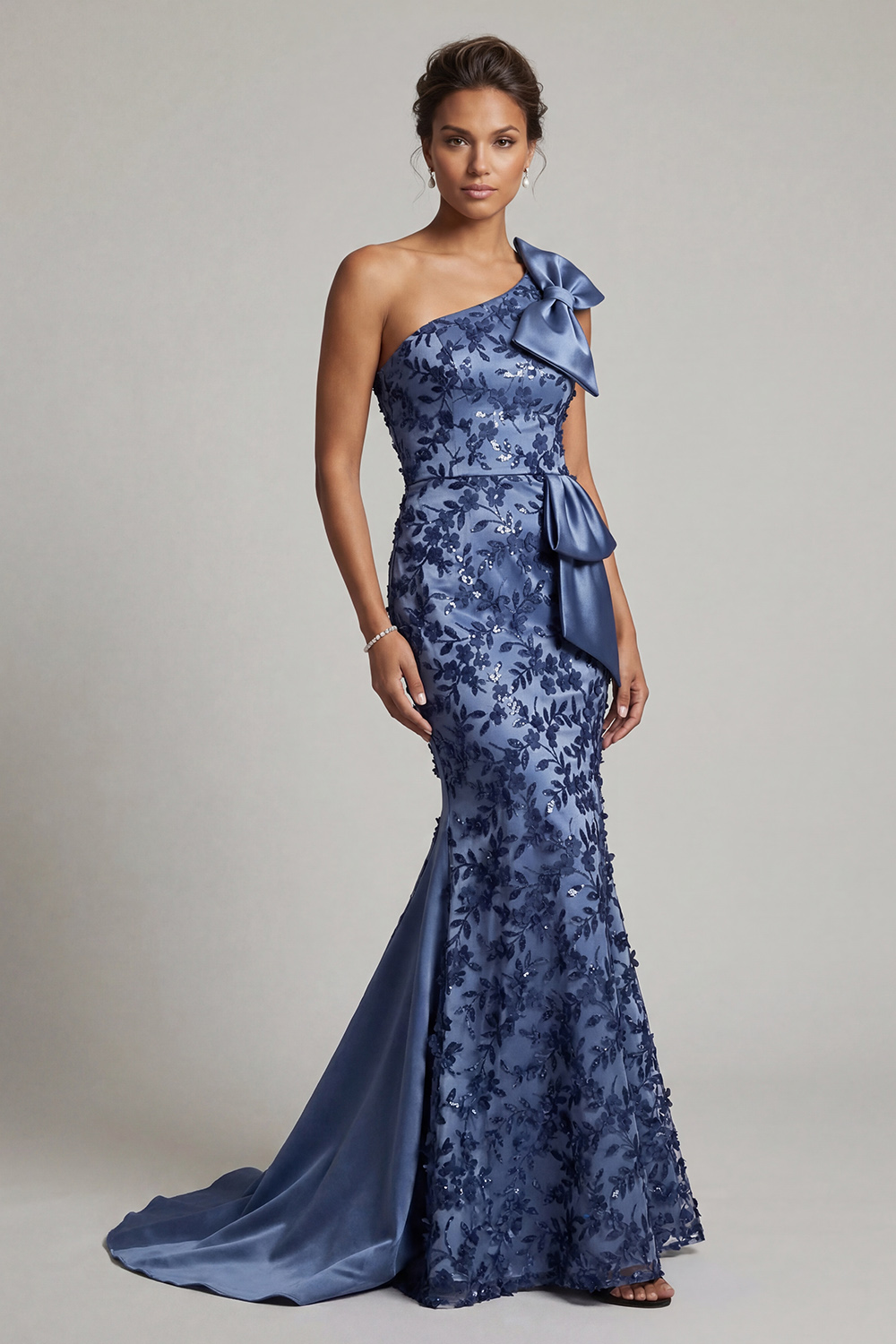 Floral Navy Long Mermaid Mother of the Bride Dress with Bow