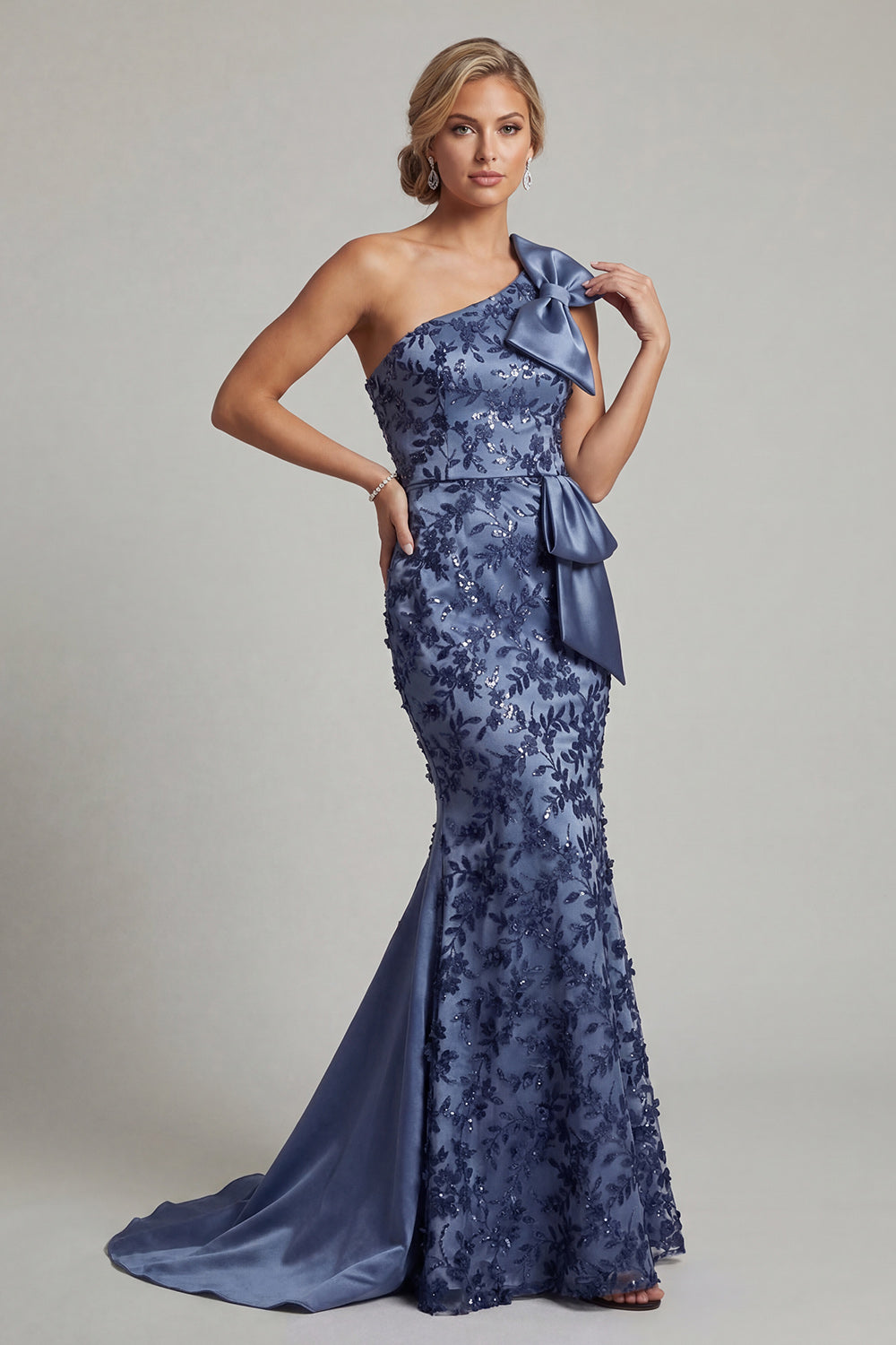 Floral Navy Long Mermaid Mother of the Bride Dress with Bow