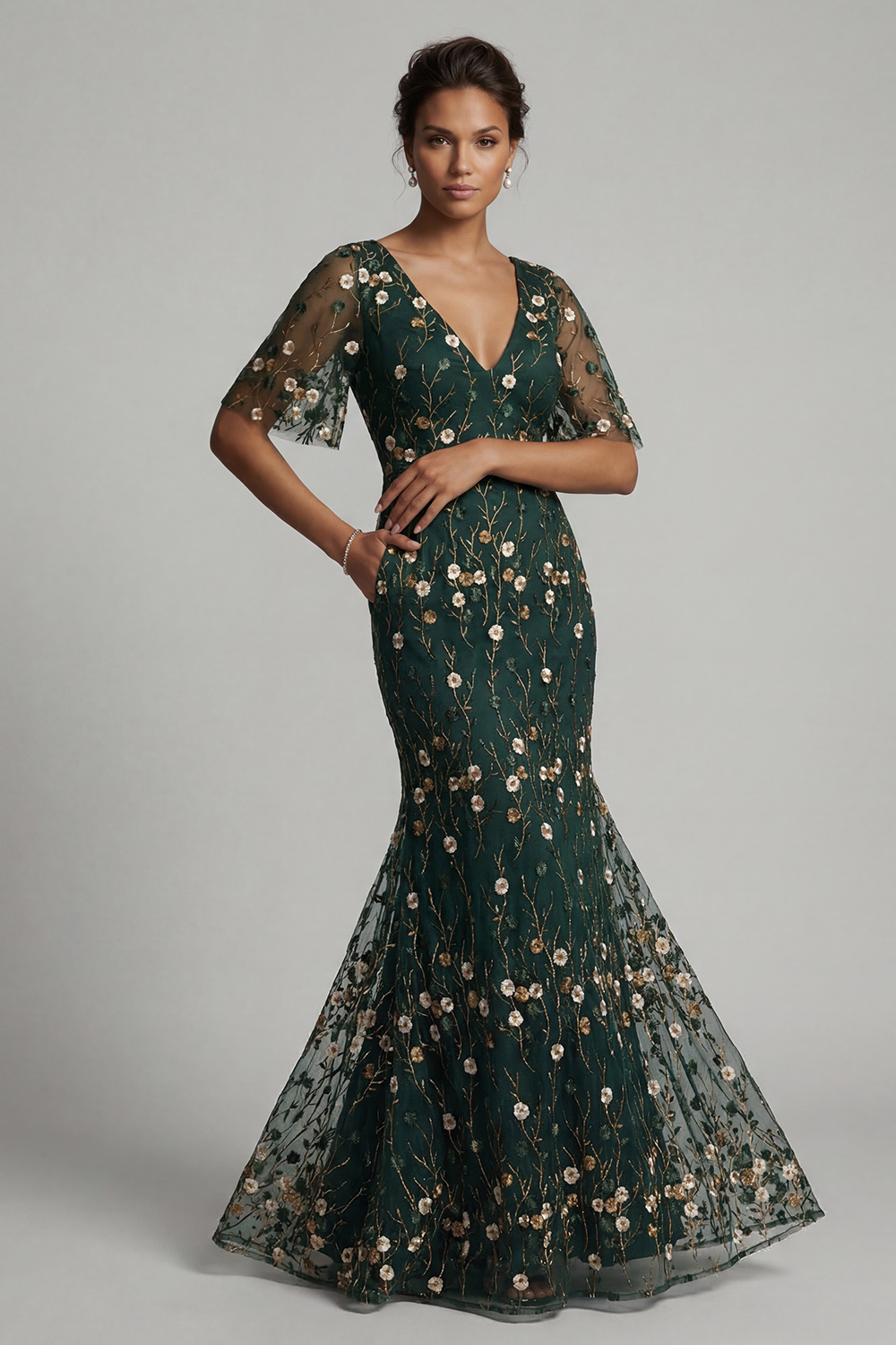 Dark Green Floral Long Mermaid V-Neck Mother of the Bride Dress