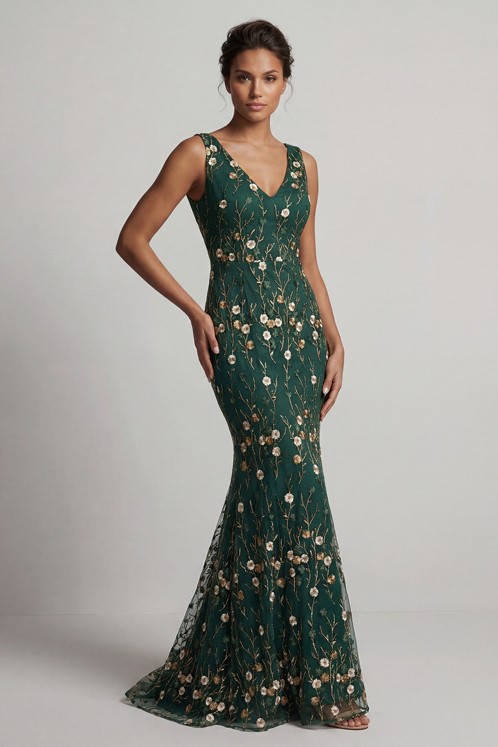 Dark Green Floral V-Neck Mermaid Long Mother of the Bride Dress