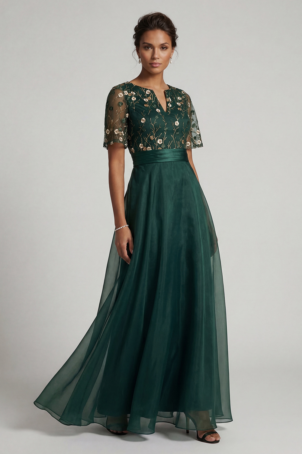 Dark Green Half Sleeves Long A Line Floral Mother of the Bride Dress