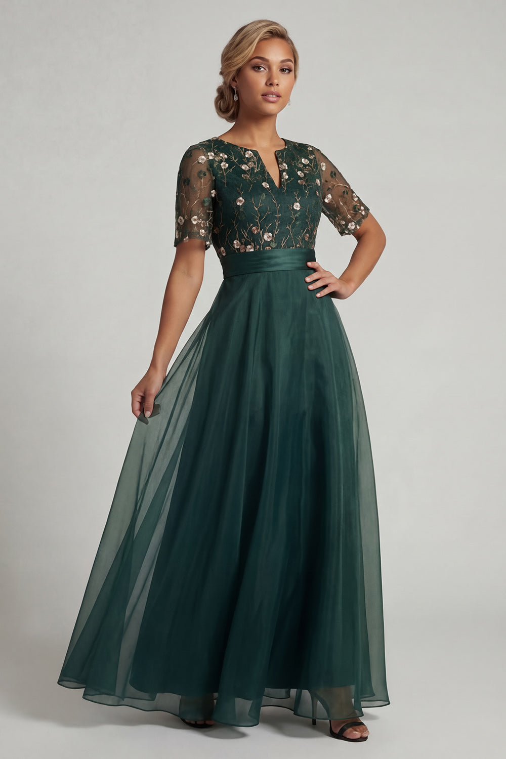 Dark Green Half Sleeves Long A Line Floral Mother of the Bride Dress