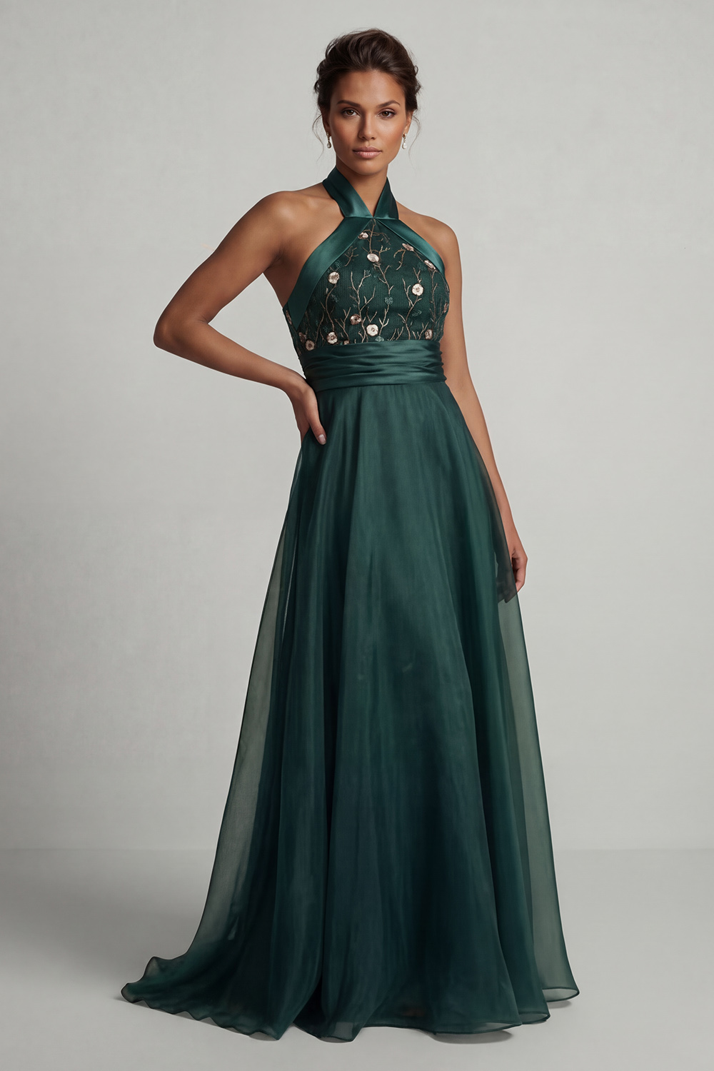 Dark Green A Line Floral Halter Long Mother of the Bride Dress