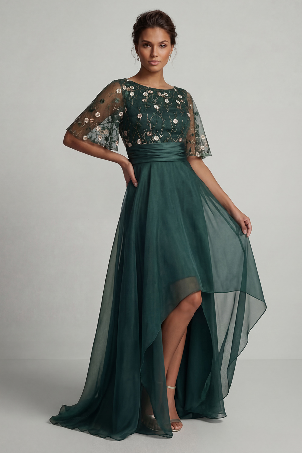 Dark Green Floral High Low A Line Boat Neck Mother of the Bride Dress
