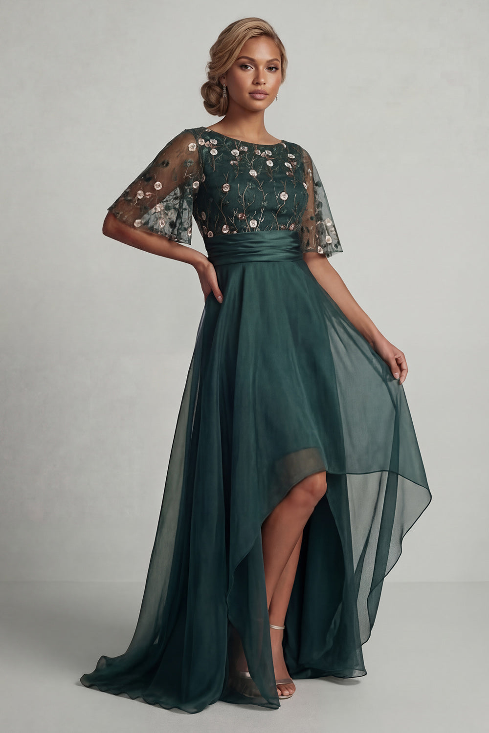 Dark Green Floral High Low A Line Boat Neck Mother of the Bride Dress