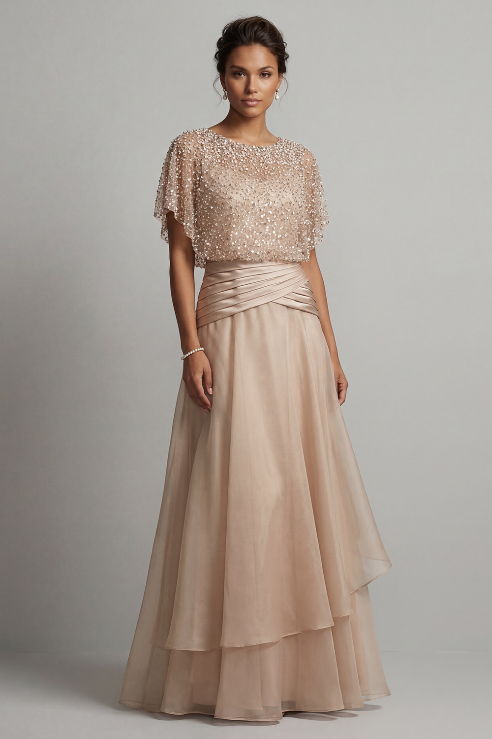 Champagne Beaded Long A Line Mother of the Bride Dress with Ruffles