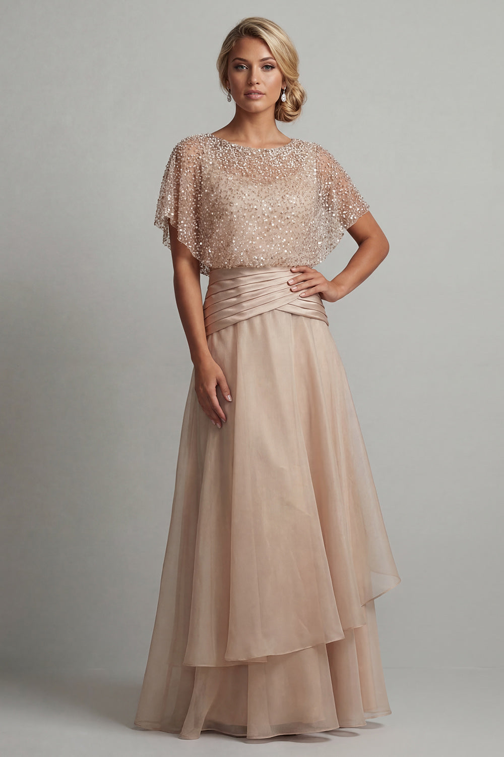Champagne Beaded Long A Line Mother of the Bride Dress with Ruffles