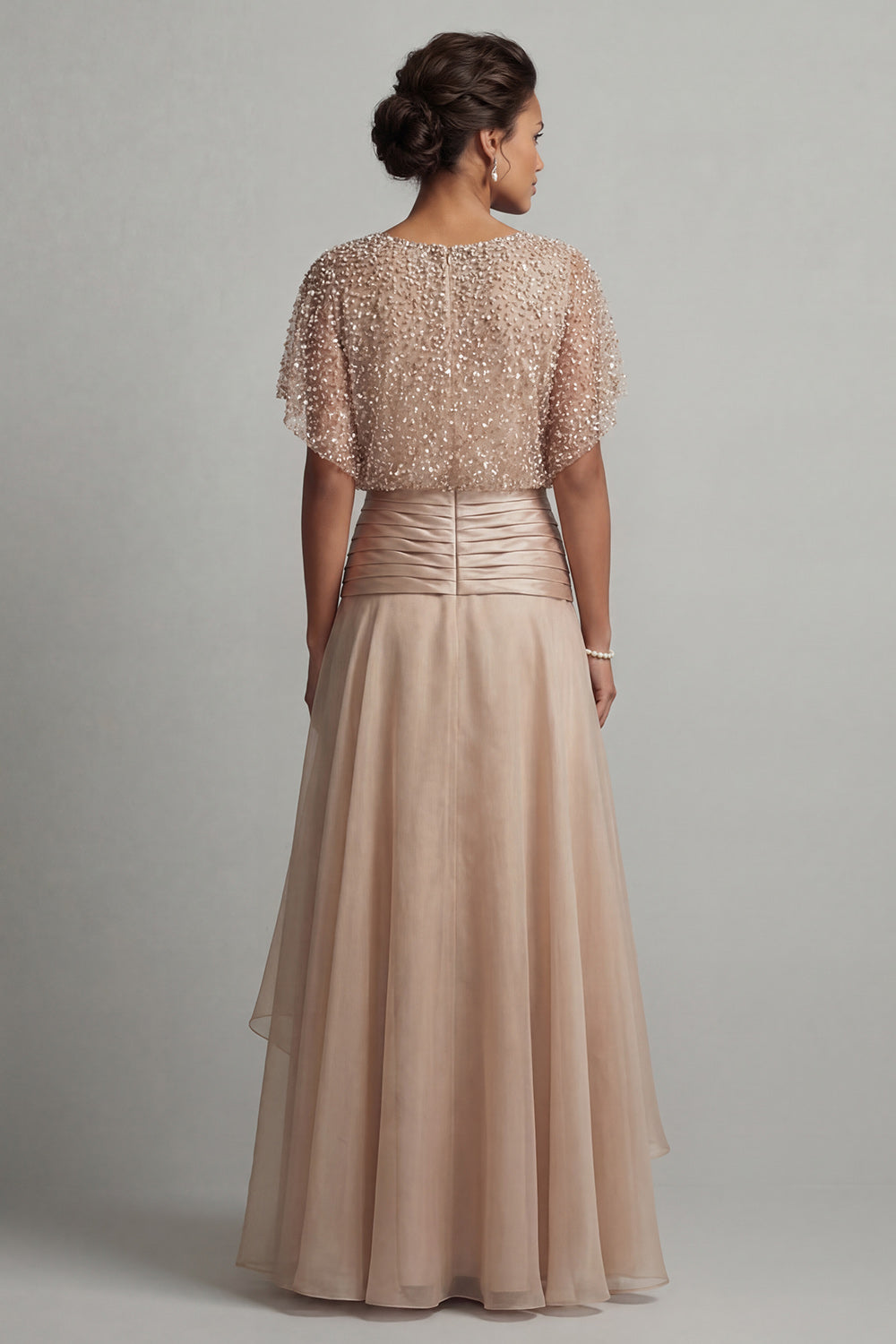 Champagne Beaded Long A Line Mother of the Bride Dress with Ruffles
