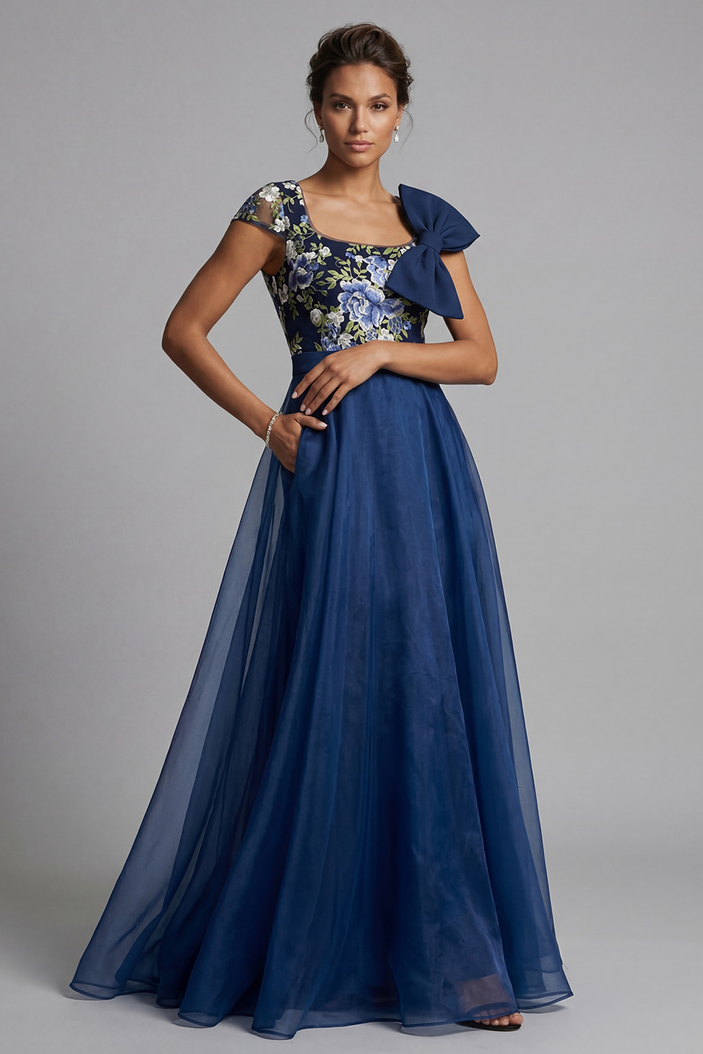 Navy Long Square Neck A Line Floral Mother of the Bride Dress with Bow