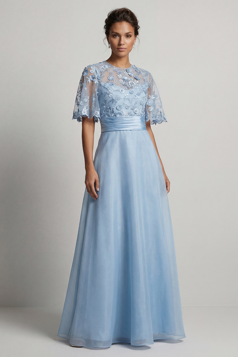 Sky Blue Floral A Line Long Mother of the Bride Dress