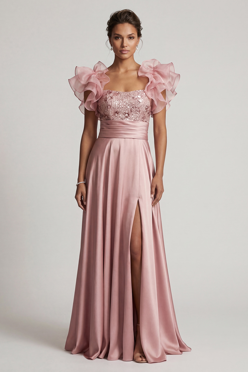 Dusty Rose A Line Long Floral Beaded Mother of the Bride Dress with Ruffles