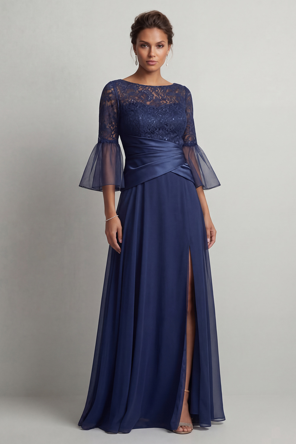 Navy Ruched Boat Neck A Line Long Mother of the Bride Dress with Slit