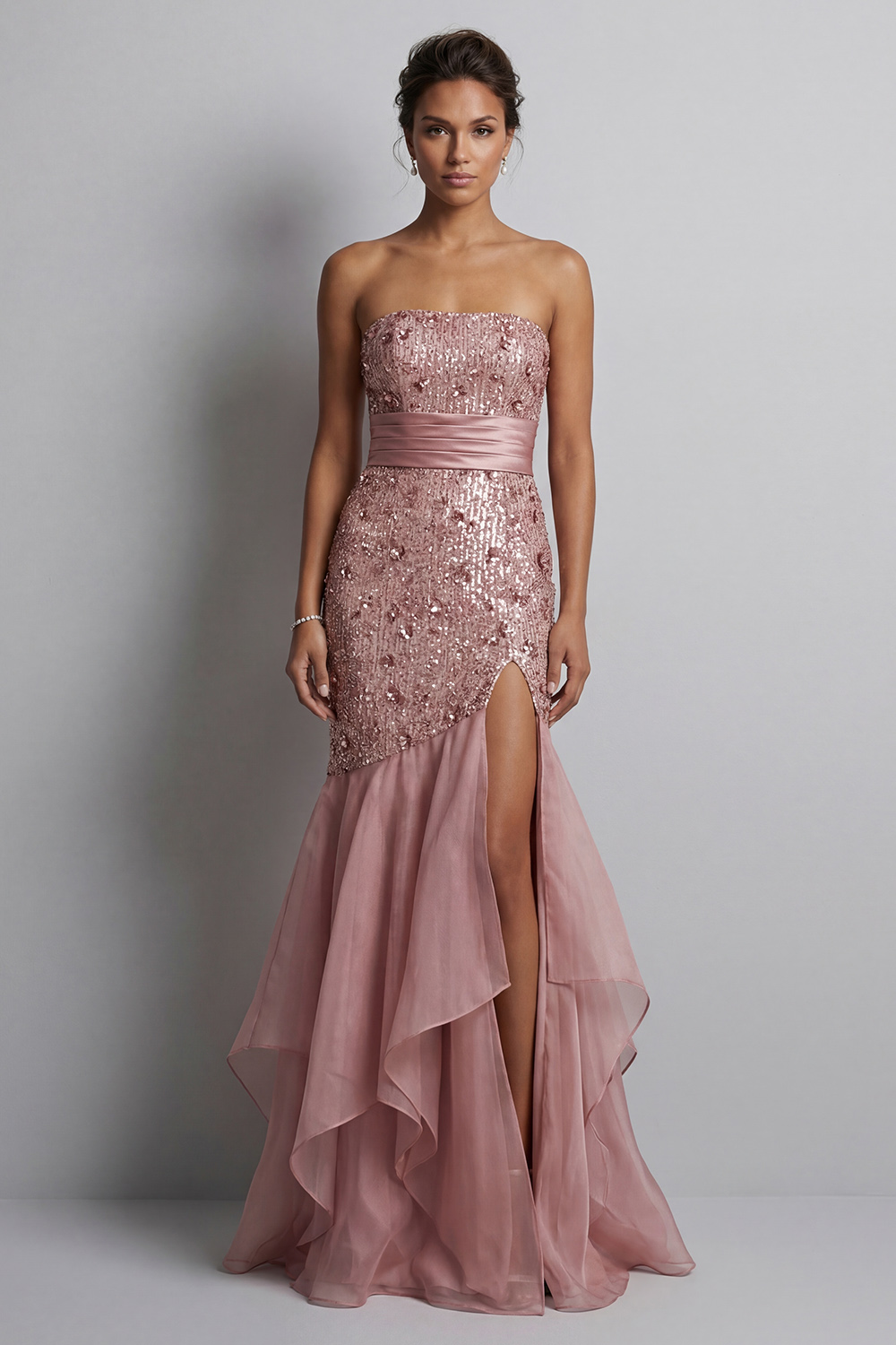 Sparkly Dusty Rose Sequin Mermaid Long Mother of the Bride Dress with Ruffles