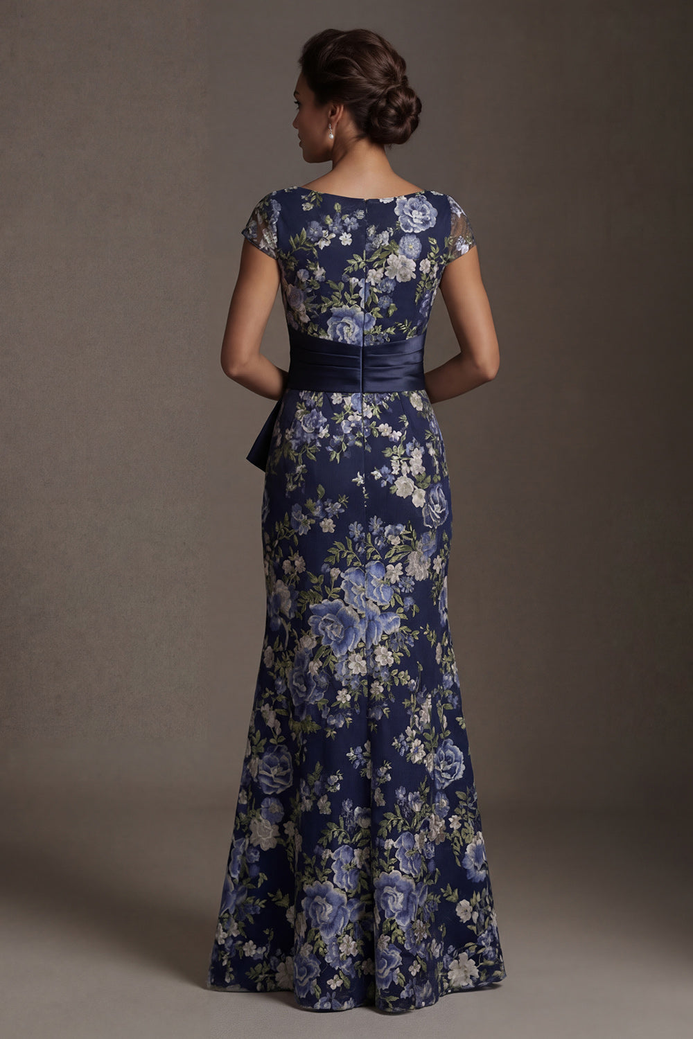 Navy Floral Mermaid Long Mother of the Bride Dress with Slit