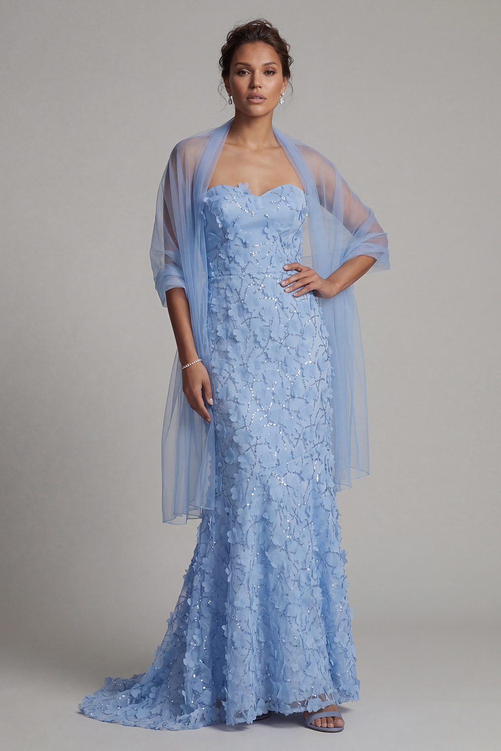 Sparkly Sky Blue Floral Mermaid Beaded Long Mother of the Bride Dress with Shawl