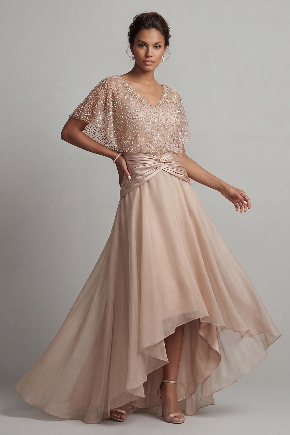 Sparkly Champagne Ruched Sequin A Line Asymmetrical Mother of the Bride Dress