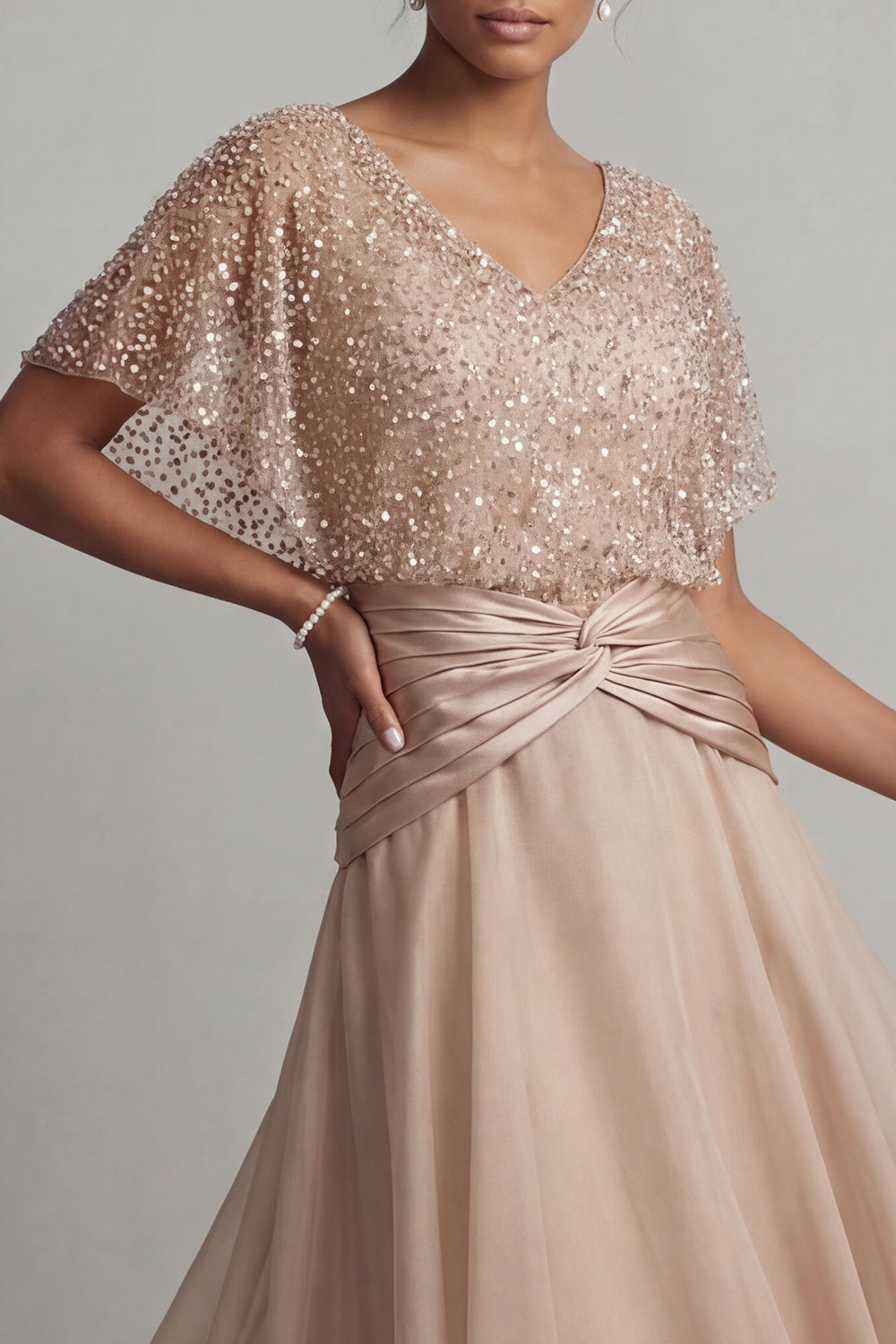 Sparkly Champagne Ruched Sequin A Line Asymmetrical Mother of the Bride Dress