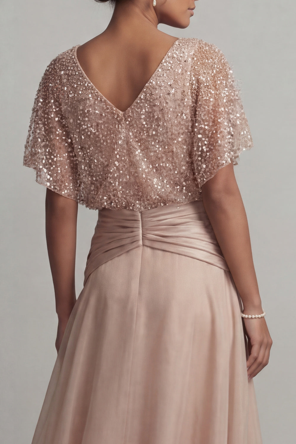 Sparkly Champagne Ruched Sequin A Line Asymmetrical Mother of the Bride Dress