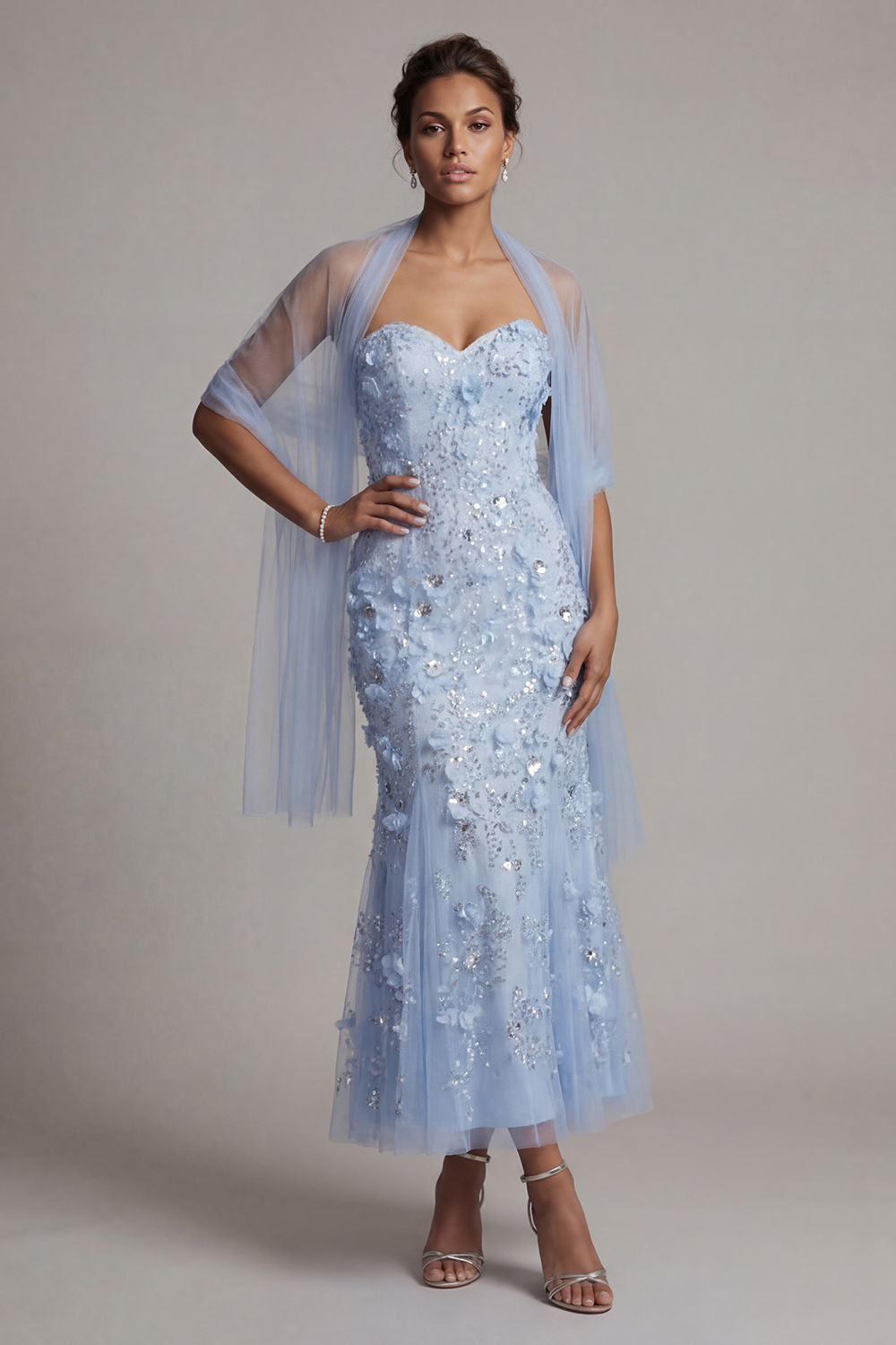 Sparkly Sky Blue Floral Maxi Mermaid Sequin Mother of the Bride Dress with Shawl