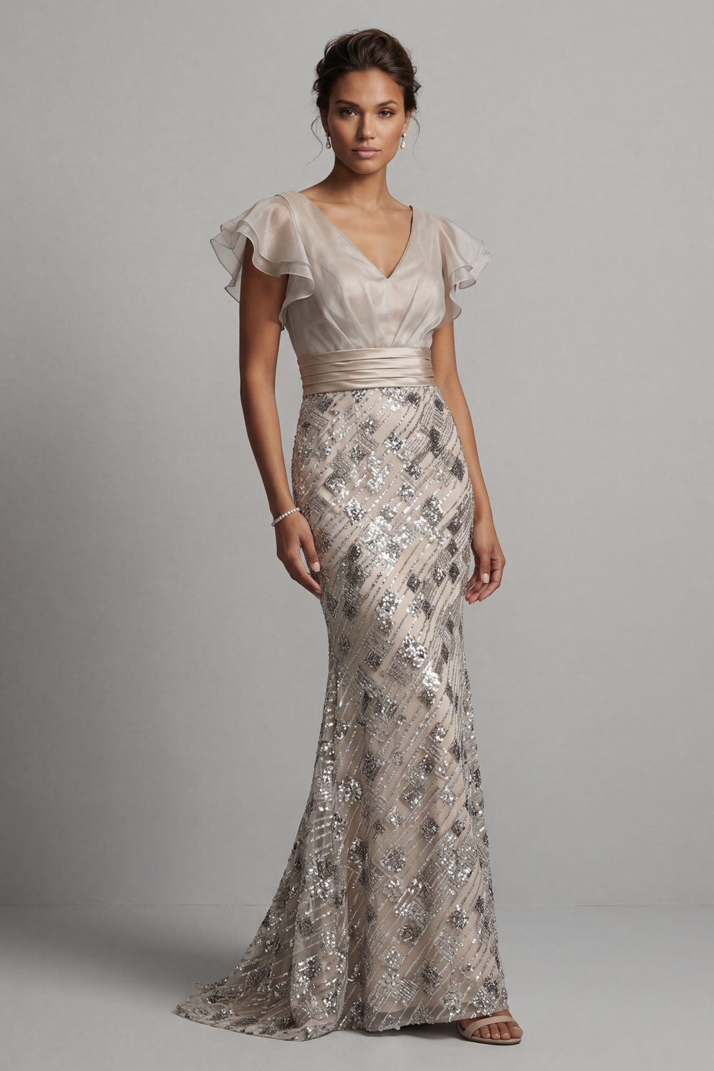 Sparkly Apricot Sequin Mermaid Long Mother of the Bride Dress with Ruffles