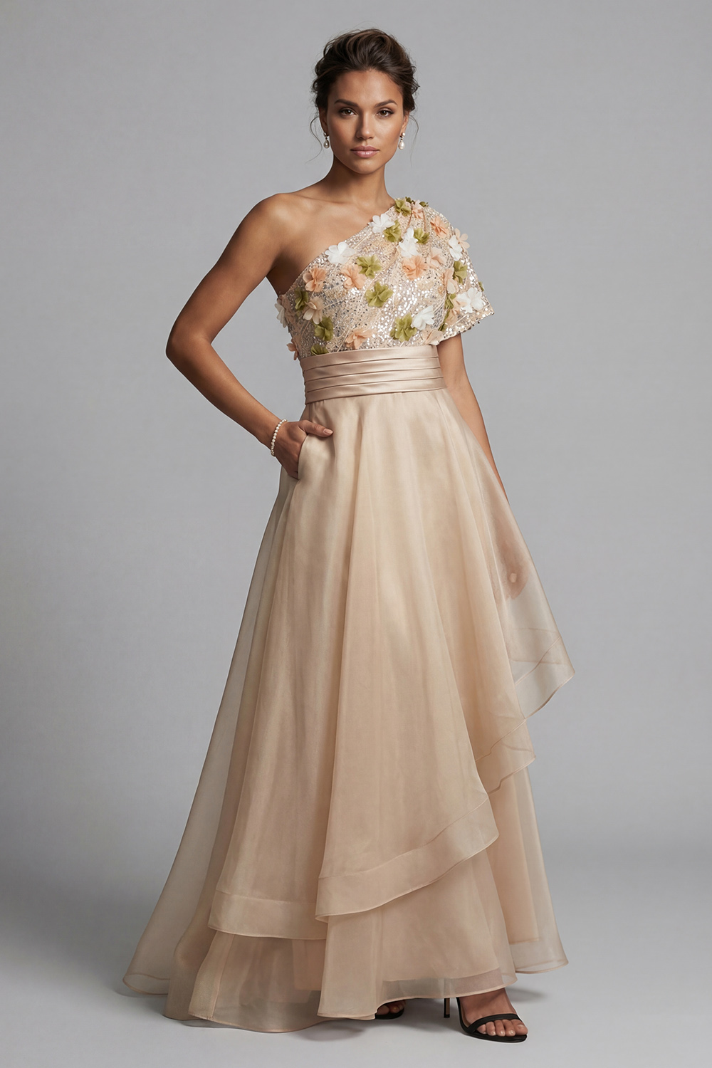 Champagne Floral A Line Long Mother of the Bride Dress with Ruffles