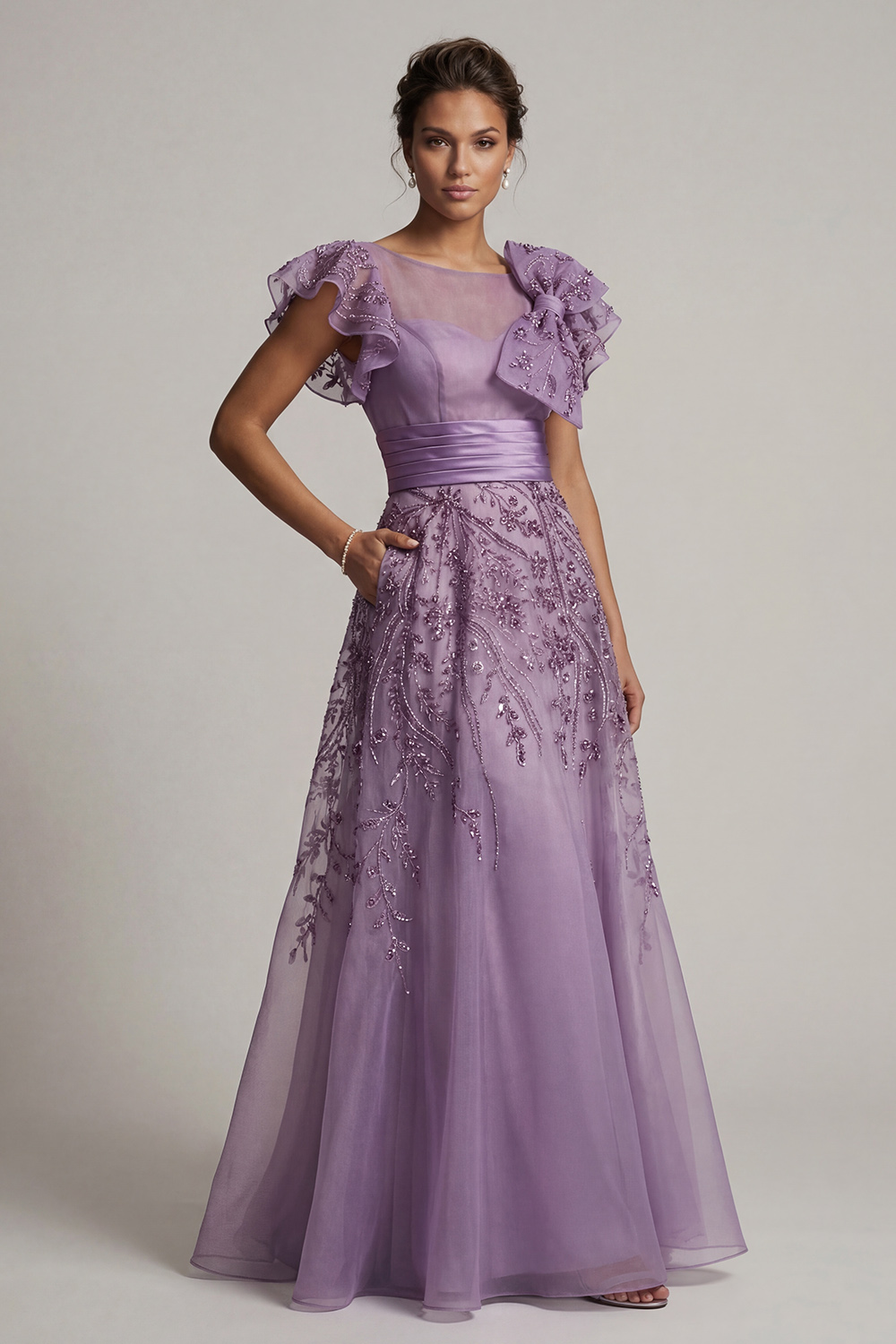 Purple A Line Floral Long Mother of the Bride Dress with Ruffles