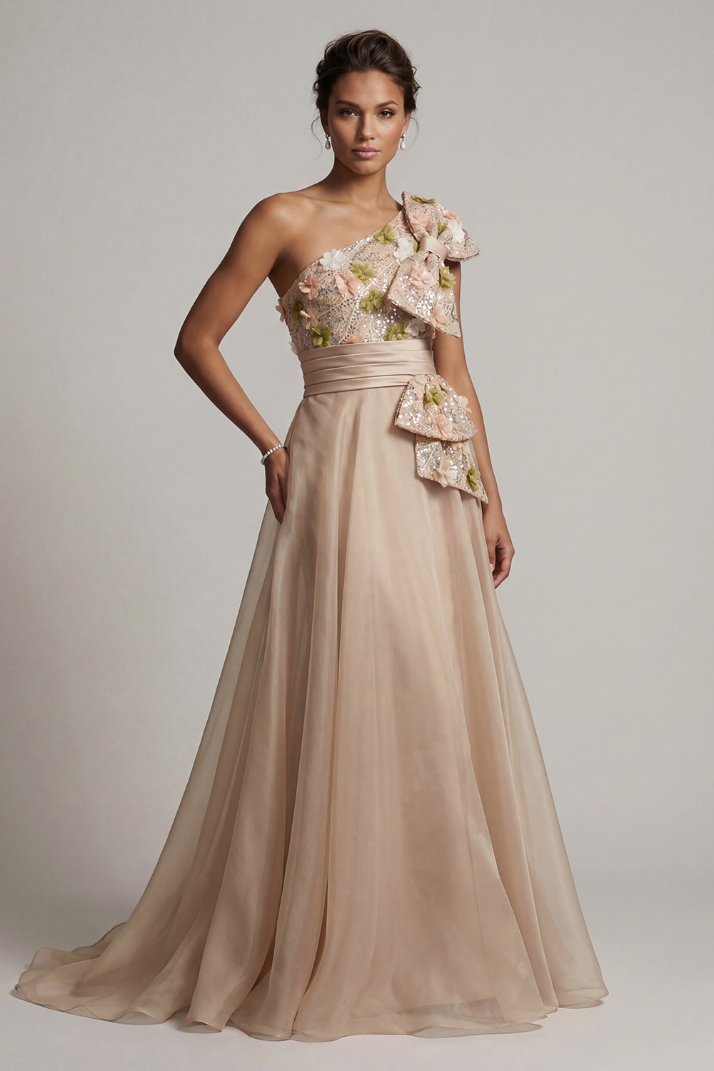 Floral A Line Champagne Long Mother of the Bride Dress with Bow