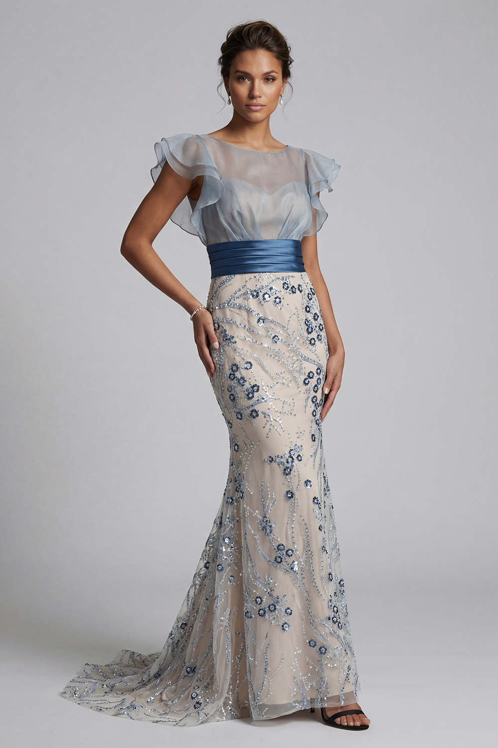 Floral Dusty Blue Mermaid Long Mother of the Bride Dress with Ruffles