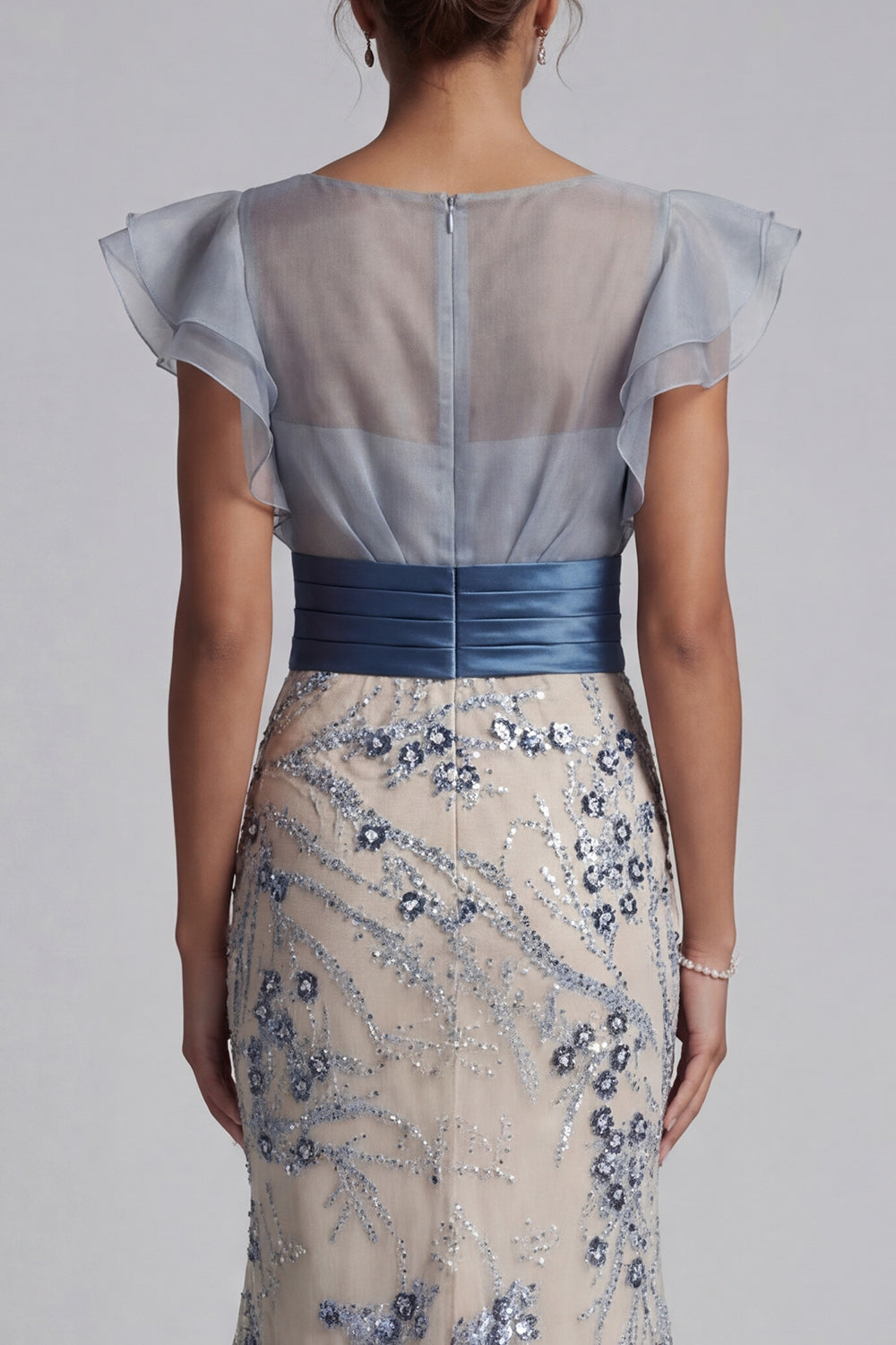 Floral Dusty Blue Mermaid Long Mother of the Bride Dress with Ruffles