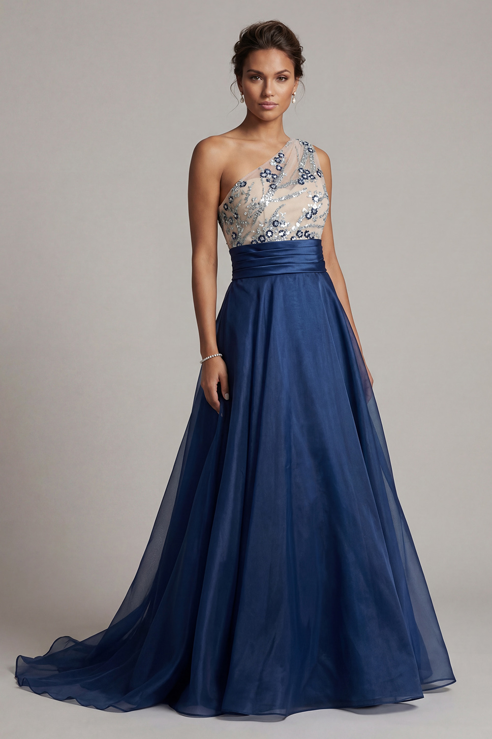 Navy Floral A Line Long One Shoulder Mother of the Bride Dress