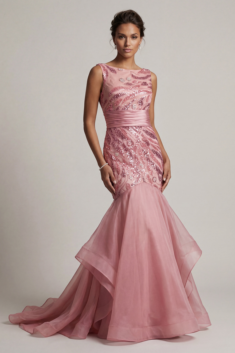 Sparkly Pink Mermaid Sequin Long Mother of the Bride Dress with Ruffles